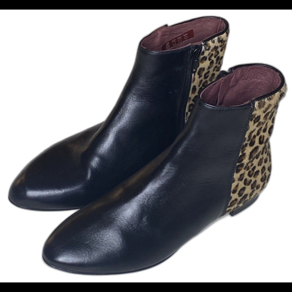 SABRINAS Spain Ankle Boots Leather Calf Hair Leopard Womens 38 US 7.5 Black - Picture 1 of 9